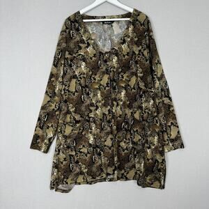 Ulla Popken Tunic Womens 32 Brown Snake Animal Print Button Front Top Travel